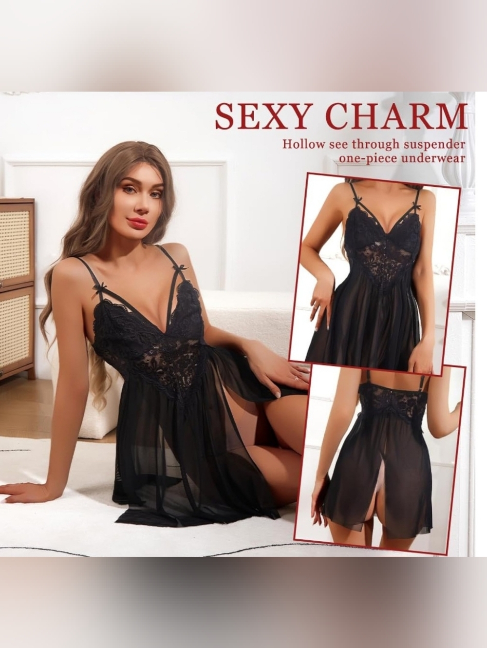 Sexy Black Lace & Mesh Babydoll Nightwear Size Medium